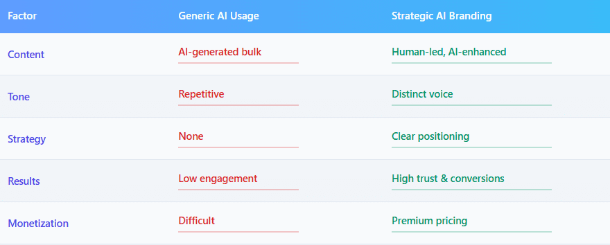 comparison between generic AI content and strategic AI personal branding showing differences in tone, results, and monetization 