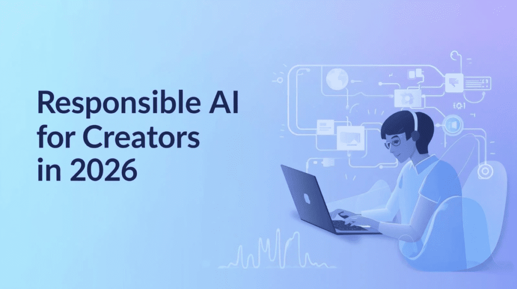 Futuristic creator using AI tools responsibly for content creation and automation in 2026 with a modern digital workspace