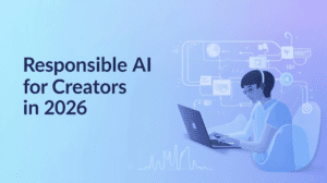 Futuristic creator using AI tools responsibly for content creation and automation in 2026 with a modern digital workspace