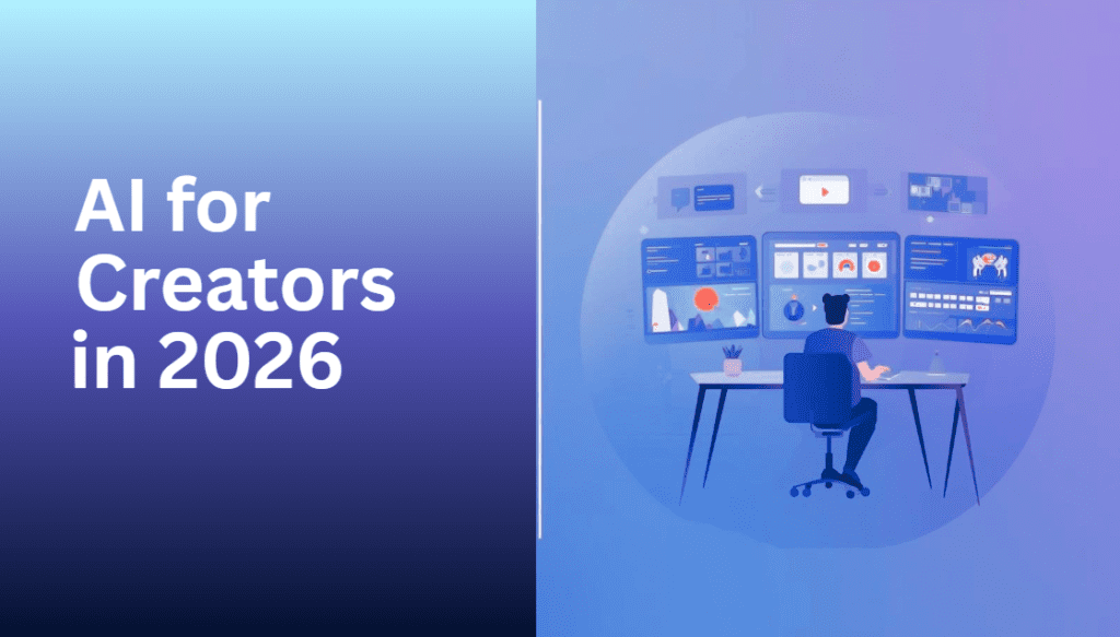 AI for creators and media professionals 2026 workflow showing content creation, automation, and digital workspace