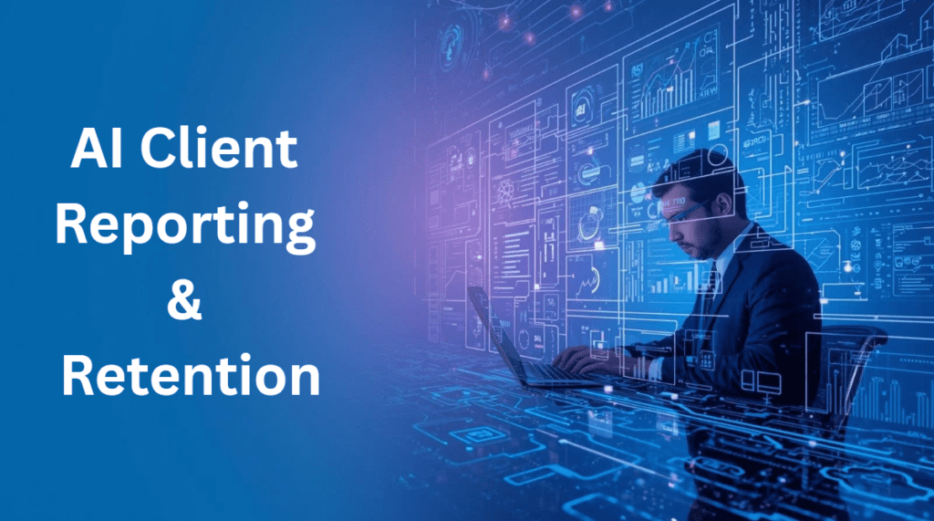 AI-powered client reporting dashboard for marketing agencies showing analytics, automation workflows and performance insights