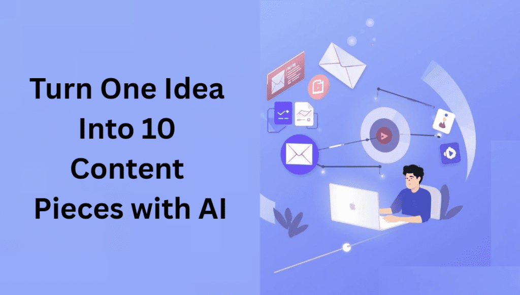 AI content repurposing concept showing how creators turn one idea into videos, blog posts, newsletters, and short-form content using automation tools