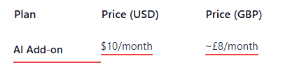 Notion AI add-on pricing showing monthly cost in USD and GBP