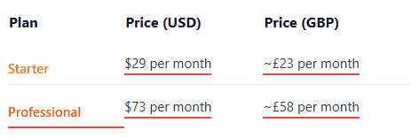 Zapier pricing comparison showing Starter and Professional plans with monthly cost in USD and GBP